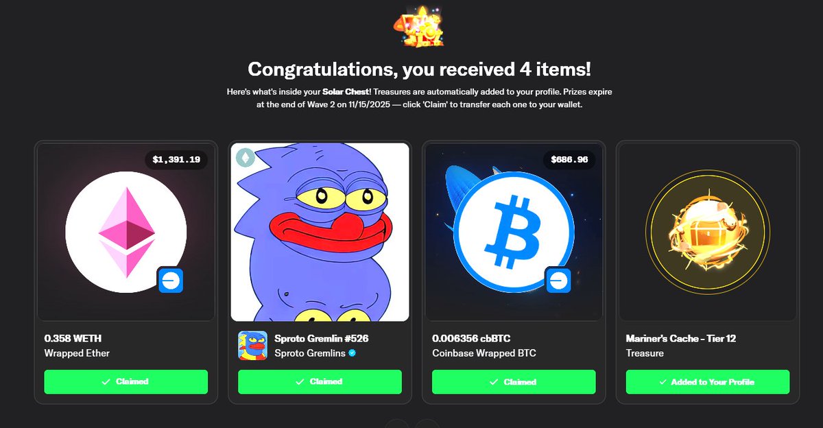 Wades_ETH's tweet image. Reached Solar (1 out of 3 stars) and this was my reward.  
My own expectation (on the low side mind you) was $2k so I farmed for profit or at least trying to break even from the start of this campaign...

I traded SOL to USDC/USDT and back and on a few occasions made $1k to $3k…