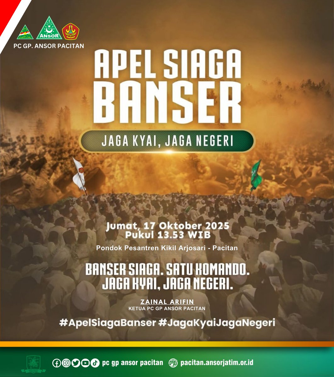 KSoiri's tweet photo. Apel Siaga Banser 
"Jaga Kiai Jaga Negeri"

Pimpinan Cabang Gerakan Pemuda Ansor - Satuan Koordinasi Cabang Barisan Ansor Serbaguna Pacitan 

Ponpes Al Fattah, Kikil, Jum’at 17 Oktober 2025

#AnsorPacitanBangkit 
#ApelSiagaBanser
#JagaKyaiJagaNegeri https://t.co/FJTP0k0HAv