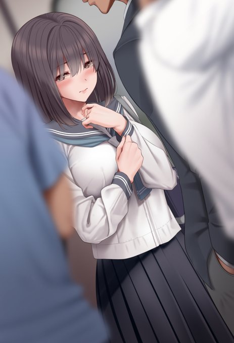 満員電車で彼氏と向かい合いなぜかもじもじしているセーラー服女子 