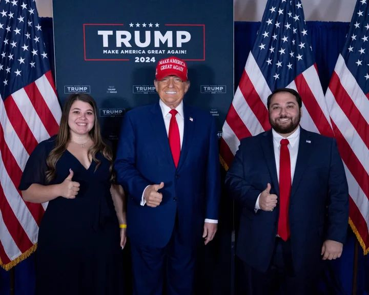 renmusb1's tweet image. Trump posing for a photo obtained by HuffPost, with two mbrs of the Young Republicans mired in a scandal abt deeply racist, antisemitic group texts. Peter Giunta, a reg participant in the group chat who called Black people monkeys, “I love Hitler,” and Anne Kay Katy wanted “to…