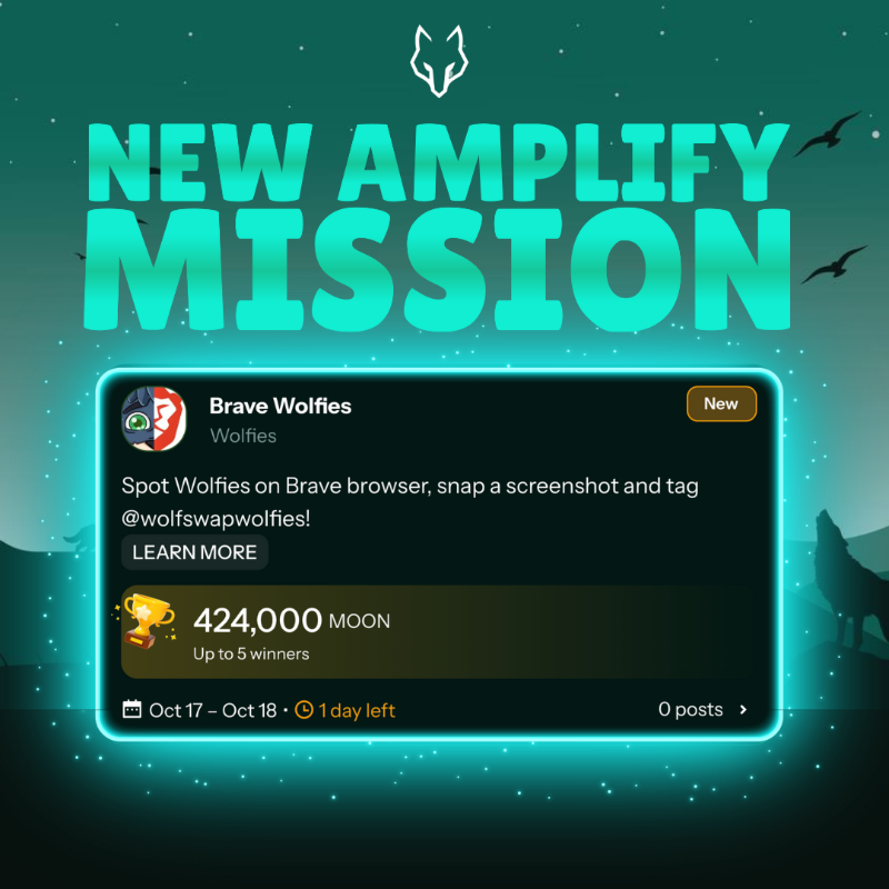 wolfswapdotapp's tweet photo. New Amplify Mission just landed!

Spot Wolfies on @Brave Browser, snap a screenshot and tag @wolfswapwolfies!

SPECIAL Mission with 2.12M $MOON ($1,000) prize pool, with 5 winners getting 424,000 $MOON (~$200) each 👇
