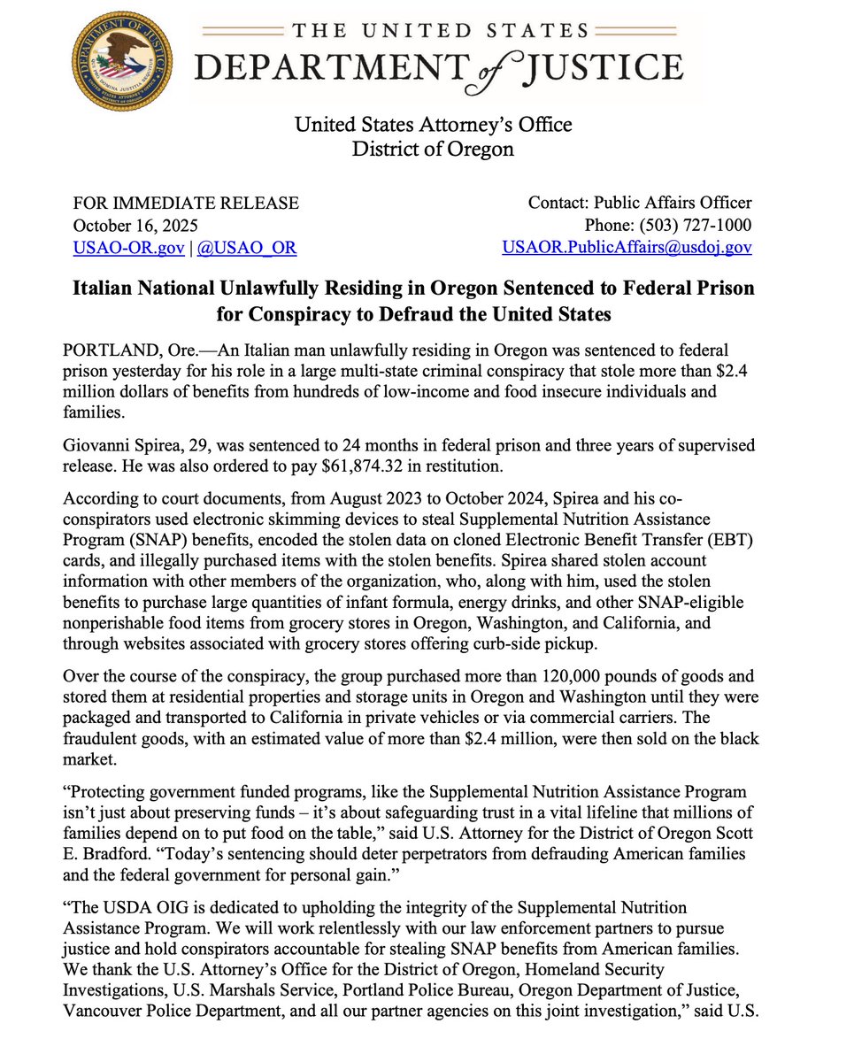 MrAndyNgo's tweet image. An illegal foreign national living in the "sanctuary" state of Oregon has been sentenced to 24 months in federal prison for being part of a conspiracy where more than $2.4m of public funds meant for food-insecure families was stolen.