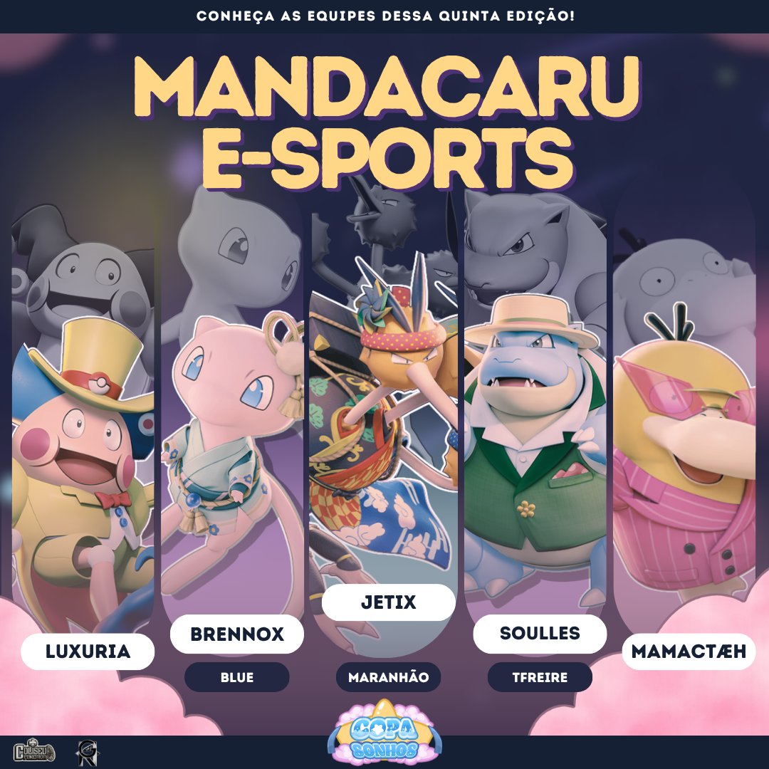 O sertão ferve e a <a href="/MandacaruESport/">Mandacaru E-Sports</a> floresce outra vez! Com uma line-up renovada, eles voltam mais espinhentos e perigosos do que nunca.

Jogadores: <a href="/jetixlol/">Jetix</a> <a href="/Luxuria_Unite/">🇧🇷 MDC ・Luxúria</a> <a href="/soullesscpt/">Soulless Captain</a> <a href="/MamacitahGaymin/">F/A Mamacitaeh</a> <a href="/BrennoS12264192/">Brenno</a> <a href="/maranhao_br/">Maranhao #GOMDC</a> <a href="/KZBlu3/">Dk_ Leo</a>

#CopaSonhos5Edição #PokemonUNITE
