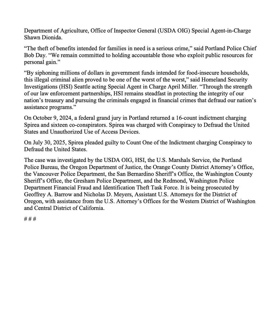 MrAndyNgo's tweet image. An illegal foreign national living in the "sanctuary" state of Oregon has been sentenced to 24 months in federal prison for being part of a conspiracy where more than $2.4m of public funds meant for food-insecure families was stolen.