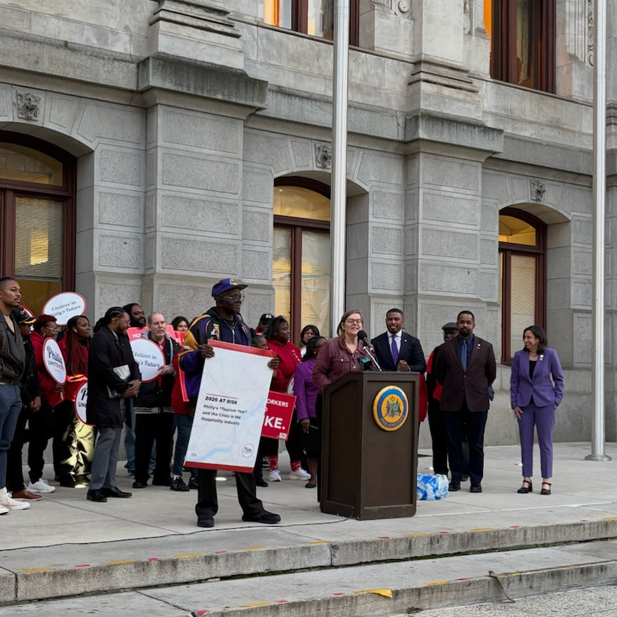 RuePhilaCouncil's tweet photo. After a 4 day strike the Sheraton Downtown and Hampton Inn, @UNITEHEREPhilly hospitality workers are continuing their fight. I was proud to stand with them at today’s press conference. With 2026 on the horizon, our hotels need the best staff, and that staff needs better wages,  better treatment, and a better contract.