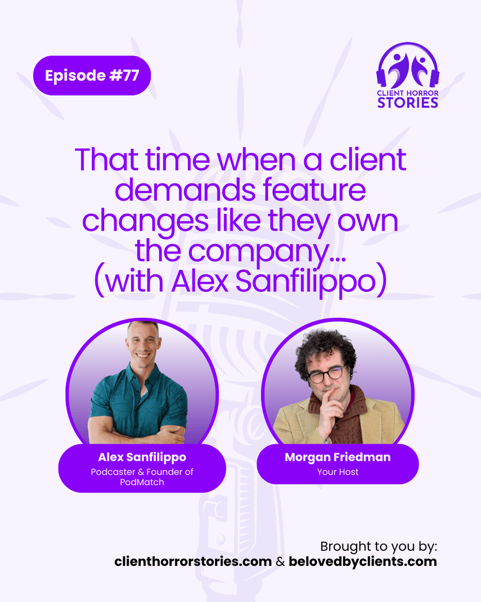 ClientHorrorS's tweet image. 💼 77: That time when a client demands feature changes like they own the company… (with @alexsanfilippo8)

👉 bit.ly/46TnShy

#clientmanagement #managingup #clienthorrorstories #podcaster