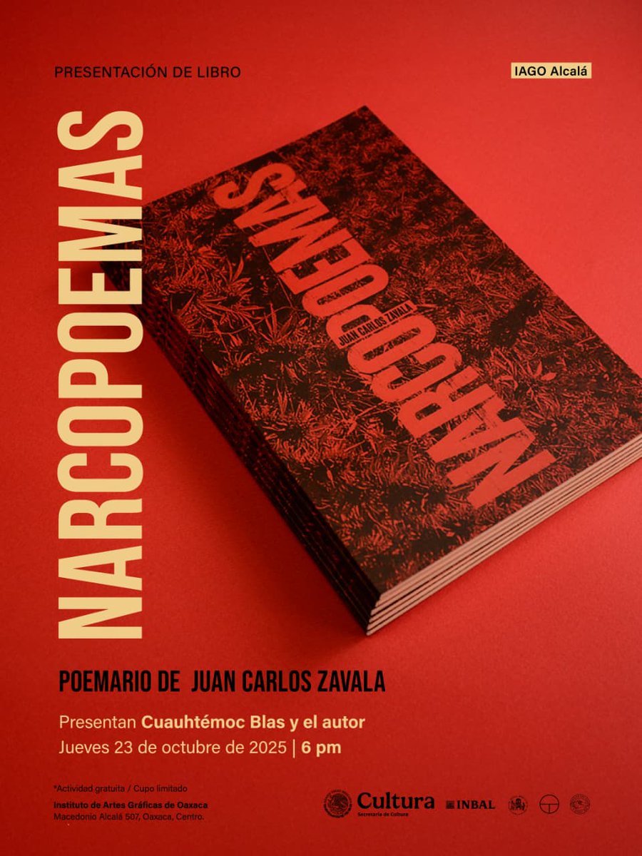 #Oaxaca | Los invitamos a la presentación del libro "Narcopoemas" en el Instituto de Artes Gráficas de Oaxaca (IAGO) el próximo jueves 23 de octubre de 2025 a las 18:00 horas.

¡Los esperamos!
