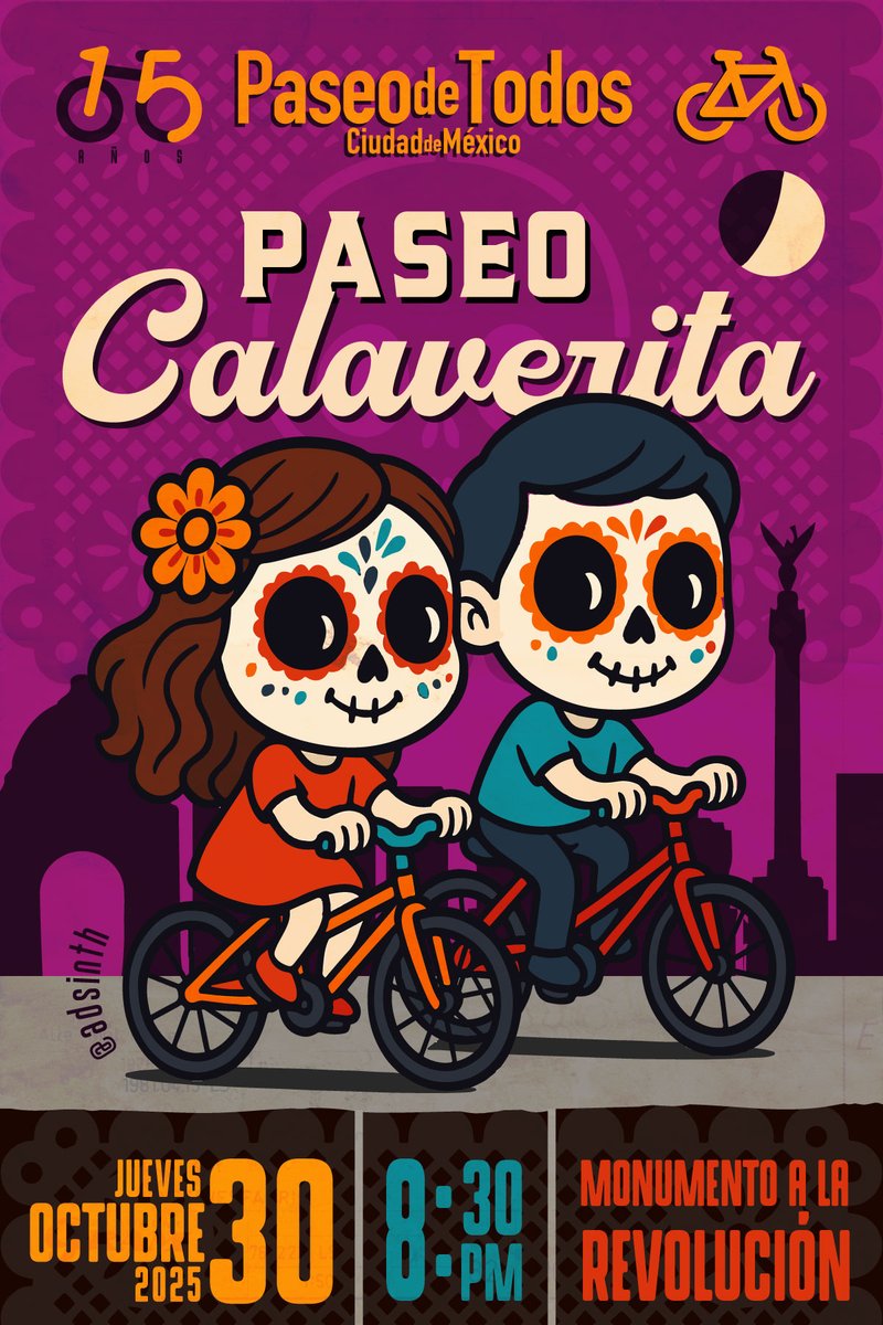 PaseodeTodos's tweet image. ¡Este 30 de octubre nos convertimos en calaveritas rodantes!

Vive la magia del #PaseoCalaverita, una noche para compartir, recordar y disfrutar.

💀 Música, color y comunidad sobre dos ruedas.
📍 30 Oct | 8:30 pm | Monum. a la Revolución, CDMX

Te esperamos! :)