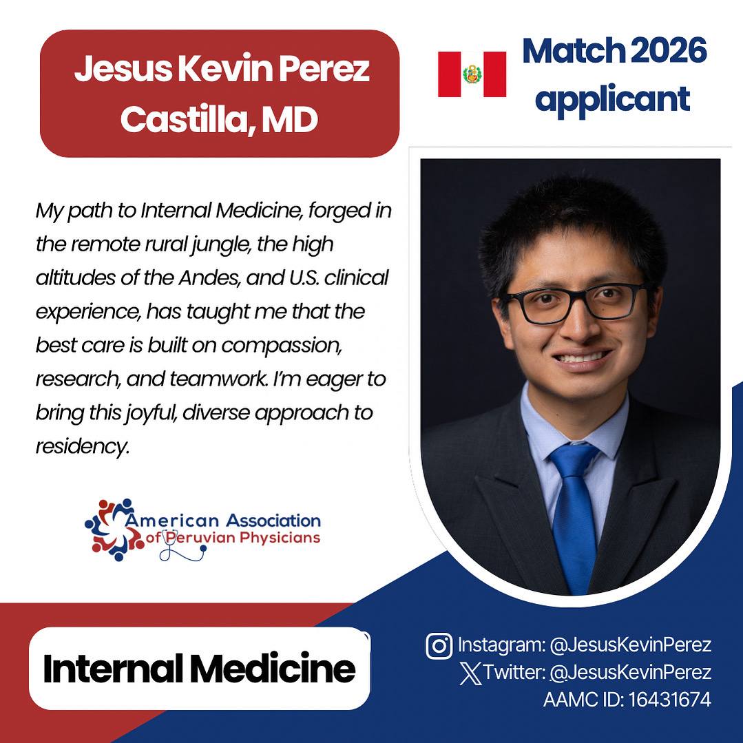 📣Meet our #Match2026 applicants! 

We are proud to introduce Dr. Jesus Perez, a dedicated Peruvian IMG applying to Internal Medicine. 

A proud member of our AAPP community, wishing the very best in this exciting journey toward residency! 👏
#Match2026 #internalmedicine