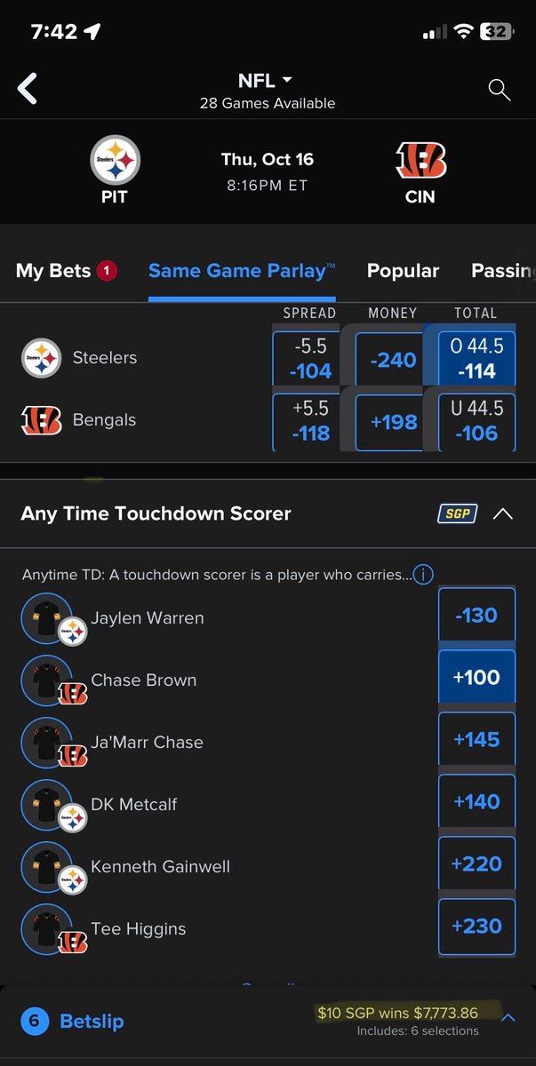 Hey <a href="/FanDuel/">FanDuel</a> how does a parley’s odds go down by adding an additional leg to it?

$7800 without the over and 5 legs
$7700 with the over and 6 legs

#NFLBets