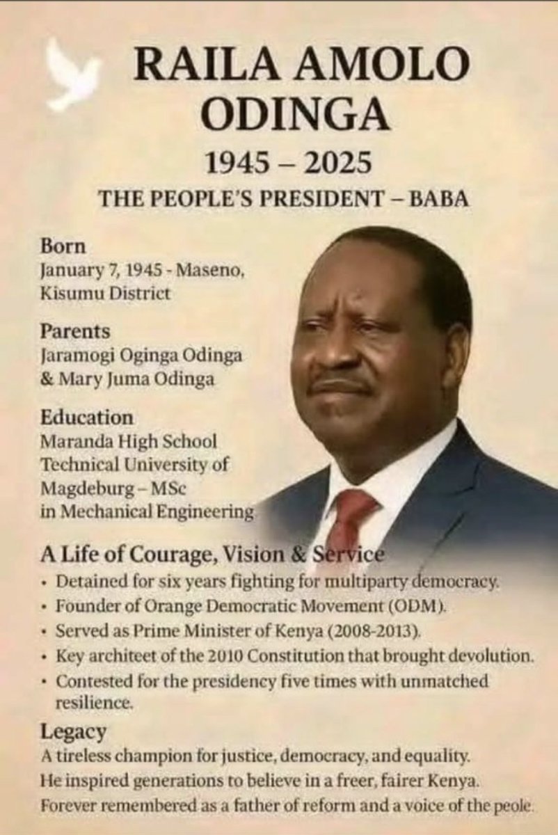 He left us, but his legacy will never fade
Raila Odinga, you fought a courageous battle for justice and political truth
You showed us how things should be  with integrity, courage, and vision.I stand in solidarity with all Kenyan EAC n rest of  world!
Rest in peace, Mzee wetu. 🕊️