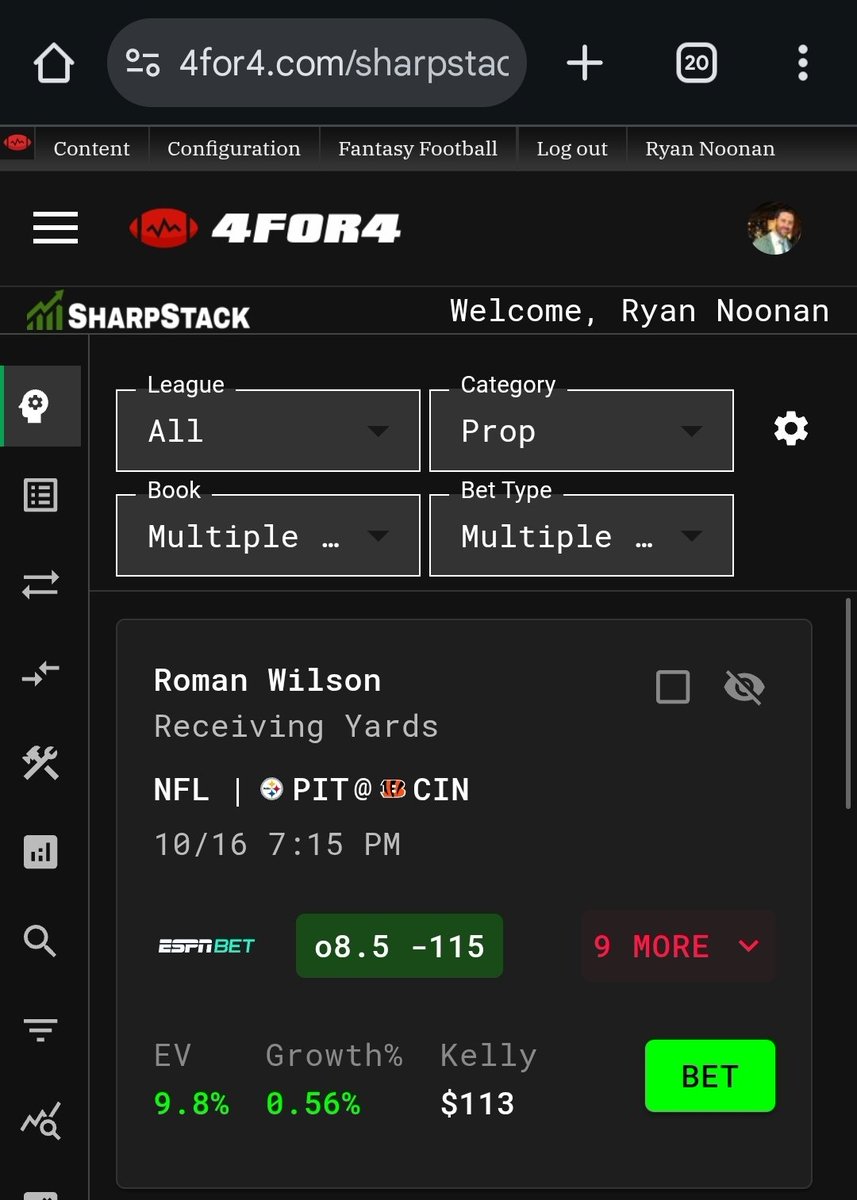 RyNoonan's tweet image. If you can get down on ESPN, Roman Wilson o8.5 is a great look.

Rare to see an over popping like this on @SharpStack

7-day trial is free right now @4for4football (&quot;Noonan50&quot; for 50% your 1st month)