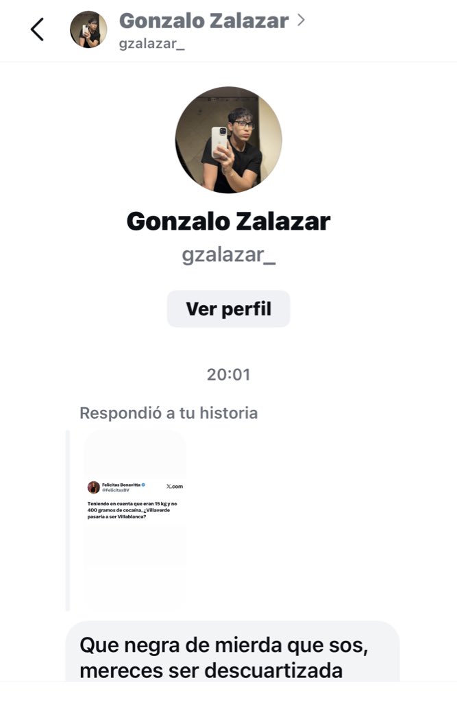 Recibo insultos a menudo. 
Pero jamás me amenazaron con ser descuartizada por hablar de política. Les invito a denunciar esta cuenta de Instagram, y haré lo mismo en la justicia. 
Se llama Gonzalo Zalazar y se molestó con el informe sobre la diputada Villaverde.
