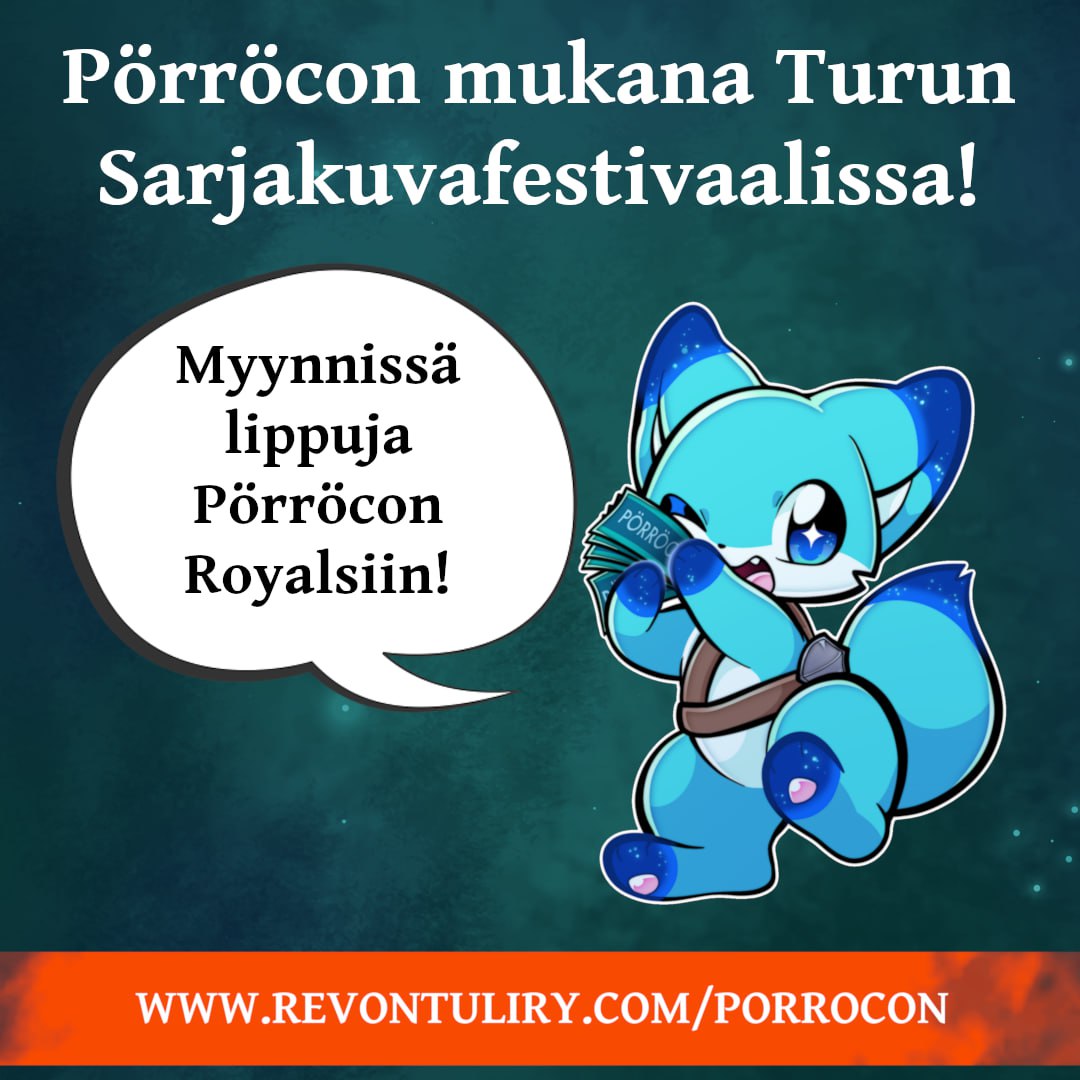 Porroconi's tweet photo. Olemme mukana Turun Sarjakuvafestivaalissa! Pisteellämme myynnissä rajattu erä lippuja Pörröcon Royalsiin! 🐶 https://t.co/eEdEC8BkyX