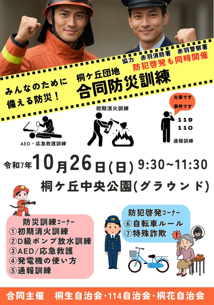 📢 #桐ケ丘団地 合同防災訓練 開催！
赤羽消防署・赤羽警察署協力🚒👮‍♀️
防災×防犯を同時に学べる体験型イベント
🗓 令和7年10月26日(日)
⏰9:30〜11:30桐ケ丘中央公園（グラウンド）
🔥初期消火・AED・通報訓練
🚴‍♀️自転車ルール・特殊詐欺対策も！
みんなで一緒に備えよう！
#防災訓練 #防犯啓発 #桐ケ丘