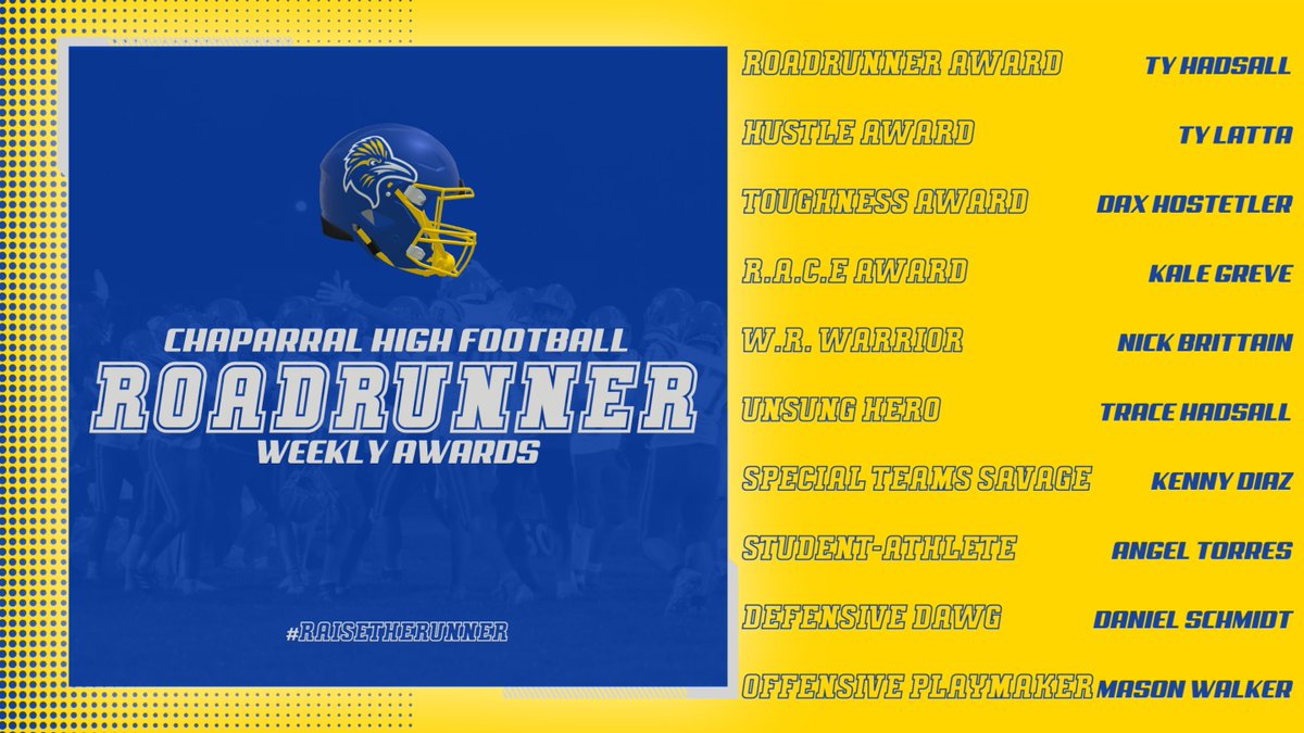 🔵 ROADRUNNER FOOTBALL WEEKLY TEAM AWARDS 🔵
Recognizing our Week 6 standouts

Proud of these Roadrunners for continuing to set the standard with their effort, toughness, and leadership! 💙💛
#RoadrunnerFootball #SetTheStandard #RaiseTheRunner