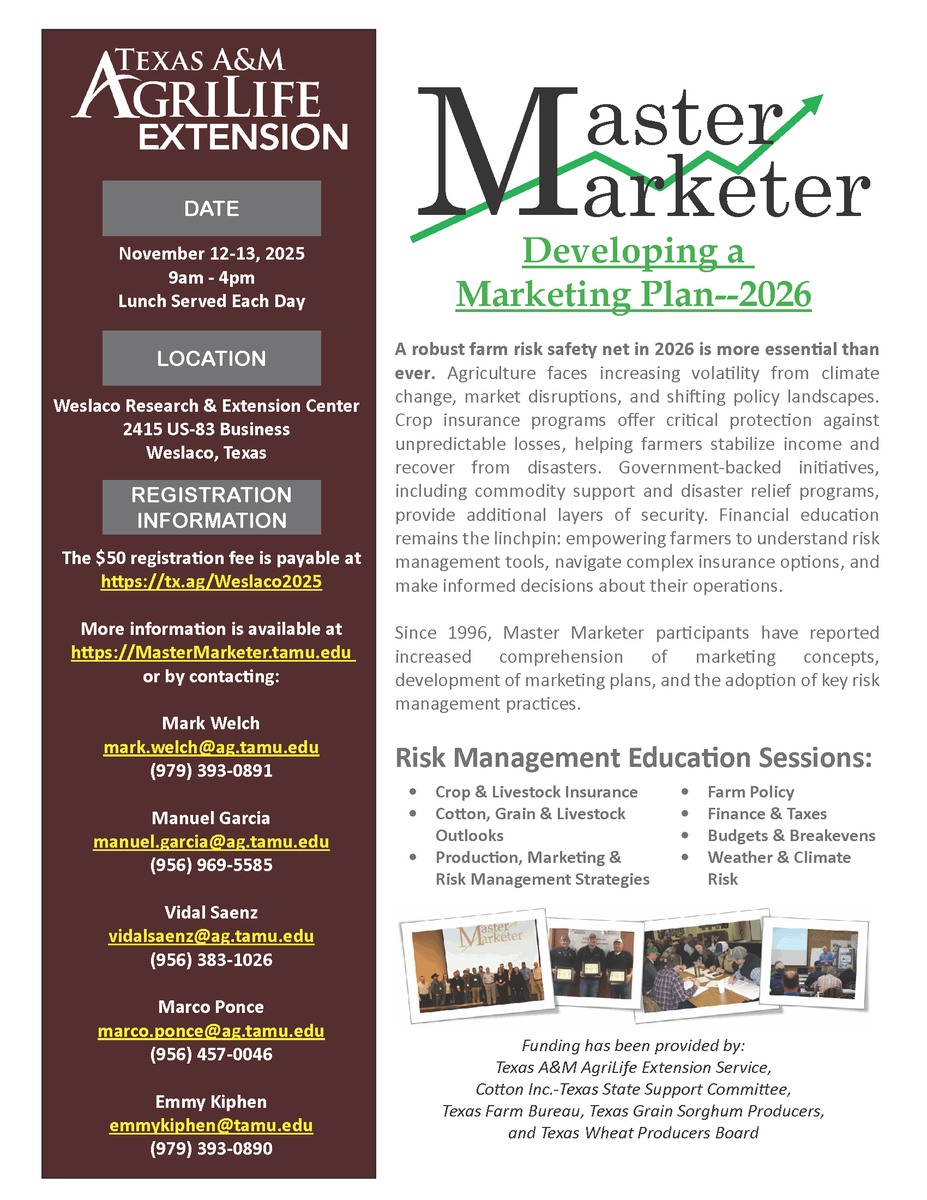 Texas A&M Extension Agricultural Economics (@agecoext) on Twitter photo 📢📈Registration is still open for these upcoming Master Marketer programs:
Oct 22-23 (lunch provided)
9am-4pm
Wharton Civic Center tx.ag/MMWharton2025
Nov 12-13 (lunch provided)
9am-4pm
Weslaco Research & Extension Ctr tx.ag/Weslaco2025 📢📈Registration is still open for these upcoming Master Marketer programs:
Oct 22-23 (lunch provided)
9am-4pm
Wharton Civic Center tx.ag/MMWharton2025
Nov 12-13 (lunch provided)
9am-4pm
Weslaco Research & Extension Ctr tx.ag/Weslaco2025