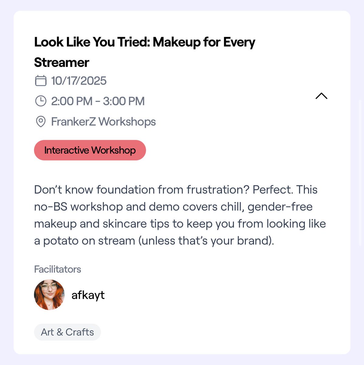 Oh hi it’s me 👋 I’m at #TwitchConSanDiego this weekend! Guess what? I’m doin a workshop. Stop by tomorrow and learn on-camera makeup stuff (*especially* if you don’t do makeup stuff!!)