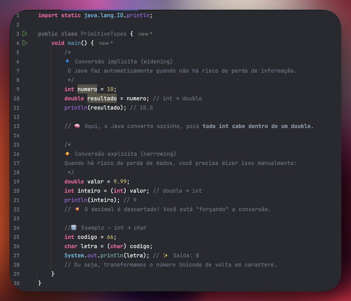 programador_who's tweet image. 🧵 Saga: Lógica e Algoritmos com Java
Parte 2 — Conversão de Tipos (Casting)
-- Compartilhe conhecimento. Agradeço bastante --
Nem sempre um tipo “cabe” direto dentro de outro.
Por isso, o Java faz dois tipos de conversão 👇
👉 Implícita (automática)
👉 Explícita (forçada)