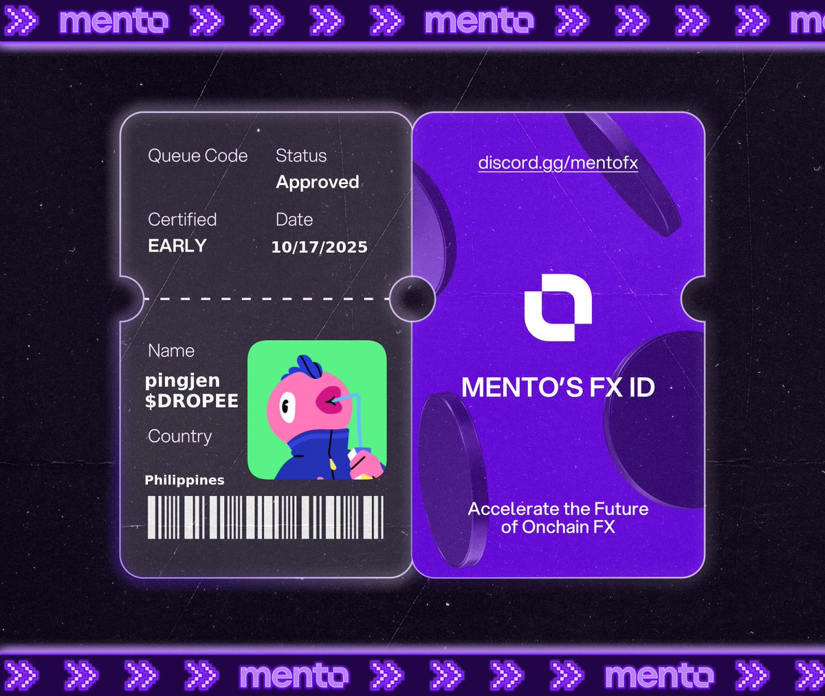 errorawr's tweet image. Licensed to trade the internet’s FX layer. 

Claimed my FX ID on discord.gg/mentofx 

 every currency, onchain with @MentoLabs