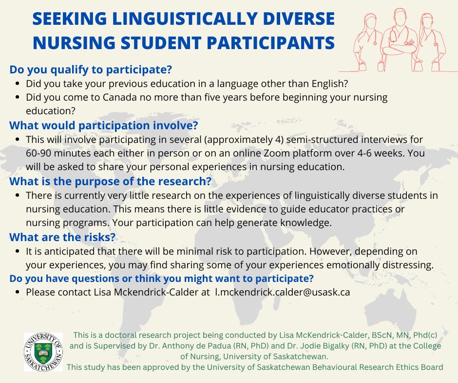 Seeking one more linguistically diverse undergraduate nursing student (BScN) in Alberta or Saskatchewan for this research!
Ideally this would be someone who finds that their linguistic diversity impacts their nursing education experience.