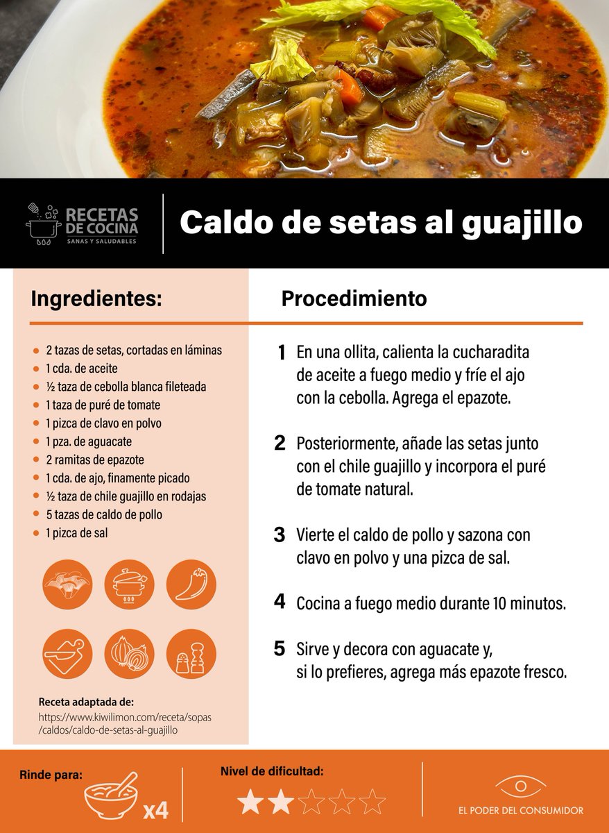 elpoderdelc's tweet image. 🍲👌Preparar un caldo de setas cuesta entre $120 y $150 pesos, y rinde para aproximadamente 6 personas.
Para elegir las más adecuadas debes asegurarte de que su textura sea suave y carnosa.
Checa esta receta para caldo de setas al guajillo.👇
f.mtr.cool/wdxtfkttys