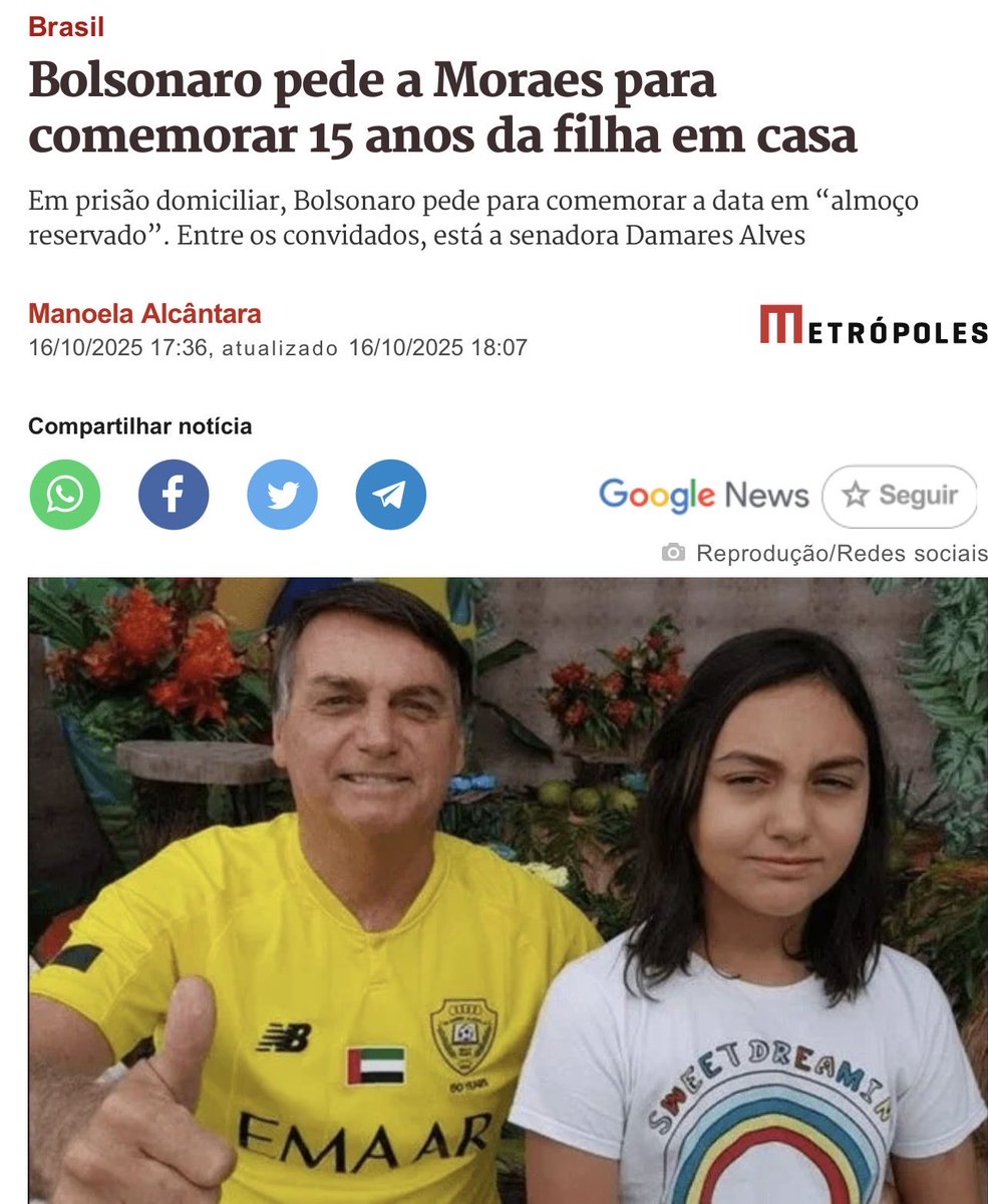 BOLSONARO PRECISA DE AUTORIZAÇÃO ATÉ PARA FESTEJAR A FILHA

A perseguição chegou a um ponto absurdo: Jair Bolsonaro teve de pedir autorização ao STF para comemorar os 15 anos da própria filha. Um simples momento em família virou assunto judicial — reflexo do autoritarismo que