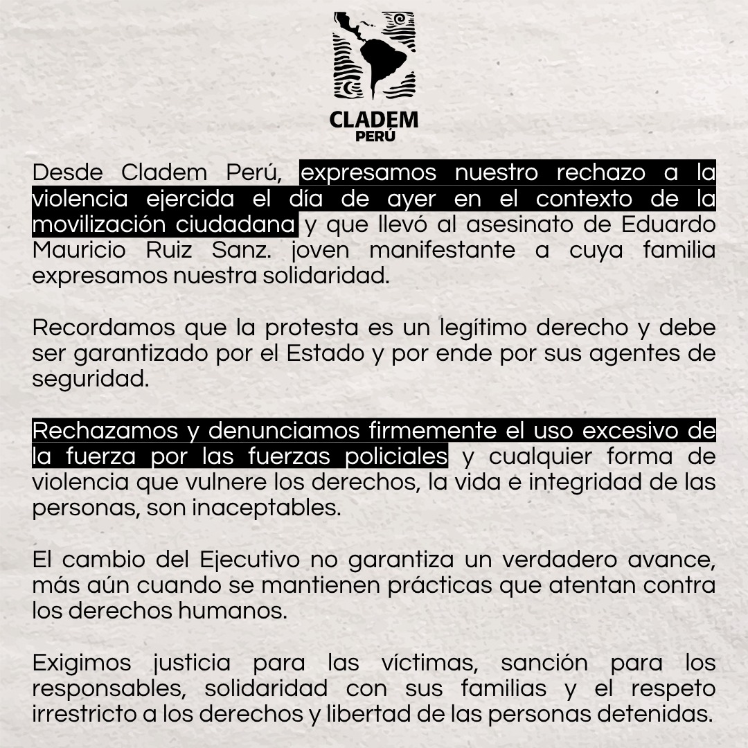 🚨 La jornada de protesta del 15 de octubre terminó con un hecho que el Estado no puede ignorar: la violencia ejercida por la PNP y la muerte de un manifestante.
Exigimos investigación inmediata, sanción a los responsables y garantías para el ejercicio del derecho a la protesta.