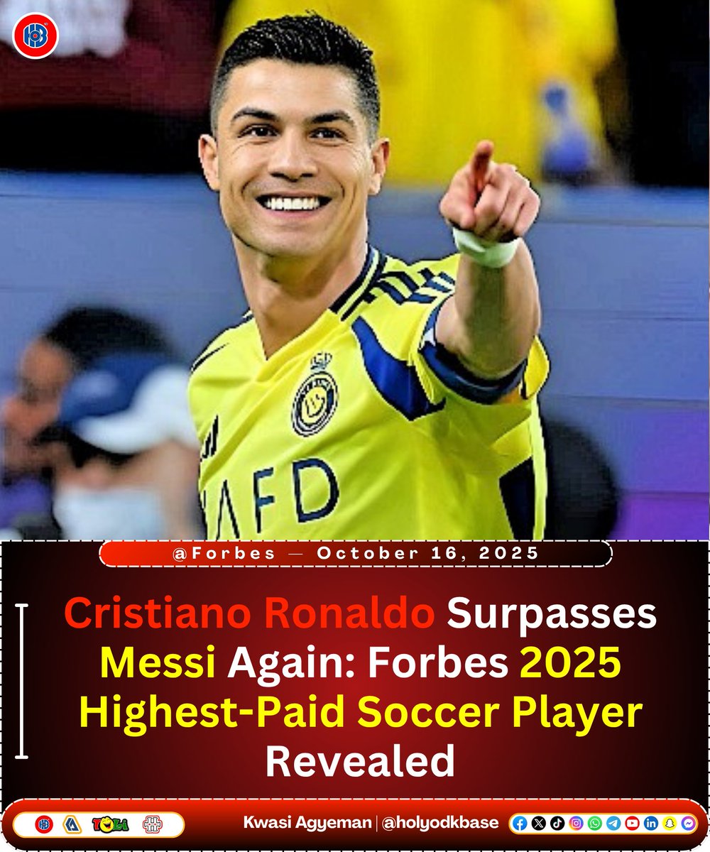 KwaAgyeman's tweet image. Cristiano Ronaldo Surpasses Messi Again: Forbes 2025 Highest-Paid Soccer Player Revealed. 

Who made the top 10?
Full list inside facebook.com/share/p/1HaHK8…

#HolyodkBase