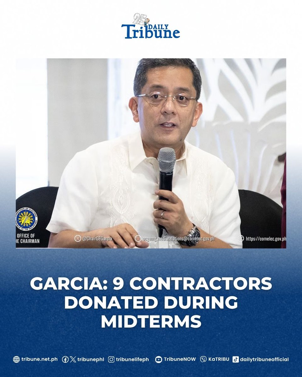 tribunephl's tweet image. At least nine government contractors made donations to the campaigns of candidates in the May elections, the Commission on Elections (Comelec) said yesterday. 

Read more at: tribune.net.ph/2025/10/16/gar… 

#DailyTribune #COMELEC
