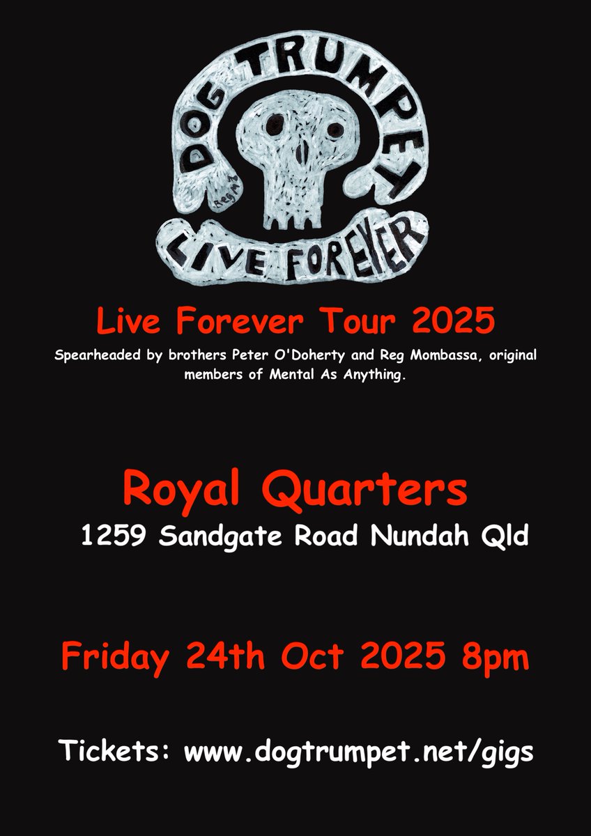 Dog Trumpet - Live Forever
Royal Hotel Nundah Brisbane 24th Oct and
Nimbin Roots Fest 25 &amp; 26th Oct
See you there real soon !
Get your Tickets now: dogtrumpet.net/gigs