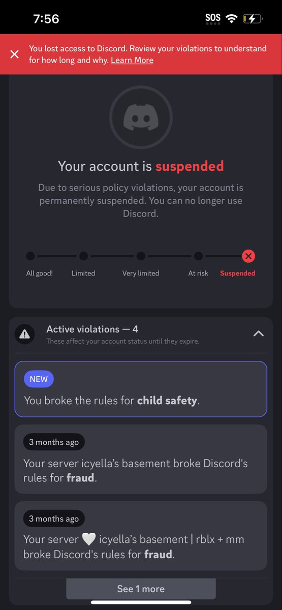 My discord account (icyella.) just got suspended for "child safety." I had 1 NSFW channel in my entire server that was ID verified &amp; tagged as 18+. This feels significantly unfair and I would greatly appreciate some help from those who can get my account restored!! 😞 <a href="/discord/">Discord</a>