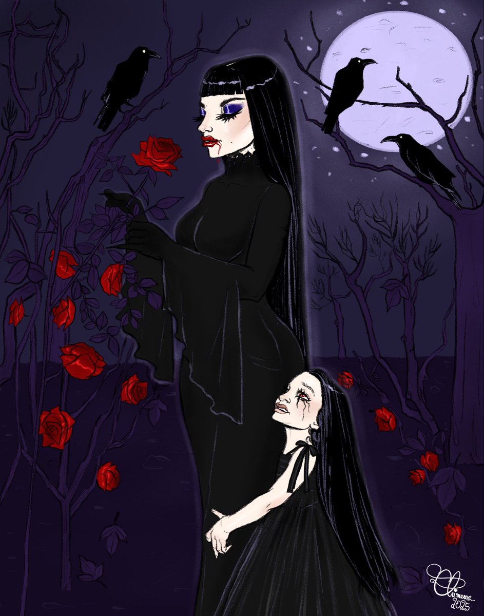 oderatheartist's tweet image. &quot;Mother&quot; 🍂🥀🧛‍♀️🐦‍⬛🌚

#motherhood #october #halloween #season #dark #vampire #pale #daughter #black #woods #moonlight #rose
