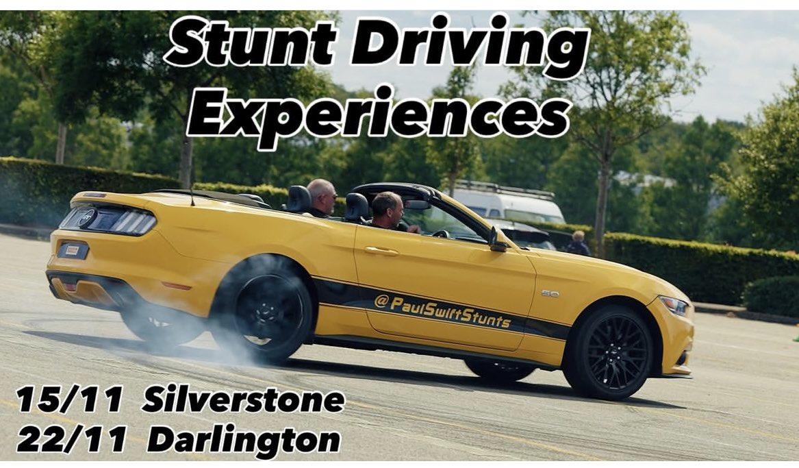 Get behind the wheel of four incredible stunt vehicles, including a #Gymkhana time trial course in a Ford #Mustang. 
Book now at PaulSwift.Com.
#Silverstone 15th November,
#Darlington 22nd November, 
limited availability. #stuntdriving #experience #giftidea