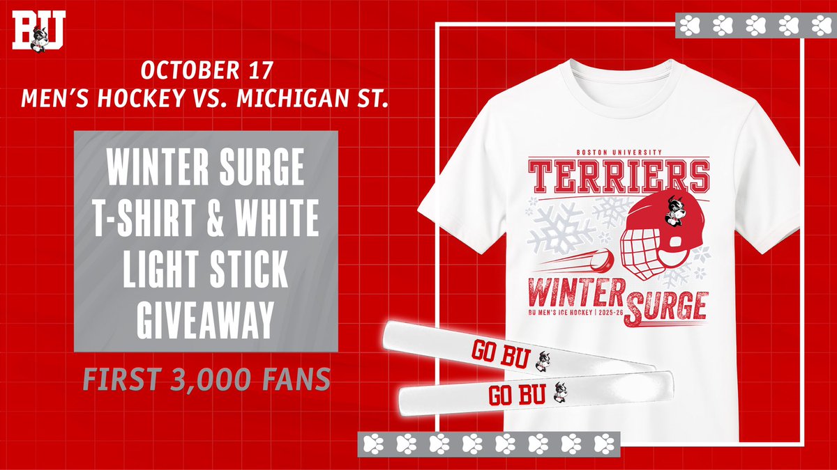 Agganis Arena (@agganisarena) on Twitter photo Terrier Nation, we need you to 𝗮𝗿𝗿𝗶𝘃𝗲 𝗲𝗮𝗿𝗹𝘆 𝗮𝗻𝗱 𝗯𝗿𝗶𝗻𝗴 𝘁𝗵𝗲 𝗻𝗼𝗶𝘀𝗲 for one of the biggest nonconference matchups of the year!
The first 3,000 fans at this Friday’s <a href="/TerrierHockey/">BU Men's Hockey</a> game can pick up a ‘Winter Surge’ Tailgate T-Shirt and White Light Stick! Terrier Nation, we need you to 𝗮𝗿𝗿𝗶𝘃𝗲 𝗲𝗮𝗿𝗹𝘆 𝗮𝗻𝗱 𝗯𝗿𝗶𝗻𝗴 𝘁𝗵𝗲 𝗻𝗼𝗶𝘀𝗲 for one of the biggest nonconference matchups of the year!
The first 3,000 fans at this Friday’s <a href="/TerrierHockey/">BU Men's Hockey</a> game can pick up a ‘Winter Surge’ Tailgate T-Shirt and White Light Stick!