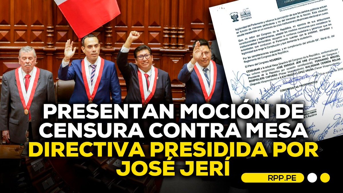 RPPNoticias's tweet photo. 🔴 El congresista Jaime Quito, de la Bancada Socialista, presentó de manera oficial una moción de censura contra la Mesa Directiva del Congreso, encabezada por José Jerí, quien asume el cargo del presidente de la República. De aprobarse la moción, toda la Mesa Directiva quedaría desactivada y Jerí dejaría de ejercer como mandatario.

👉 https://t.co/vzB7z5r9qF
#ROTATIVARPP