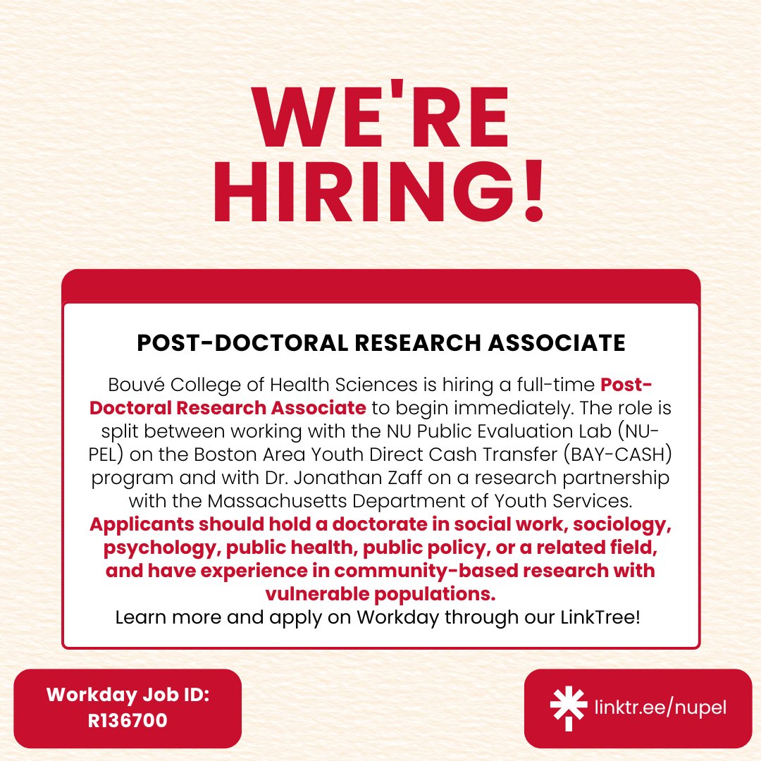 NUPublicEvalLab's tweet photo. NU-PEL is hiring a postdoctoral research associate! Learn more and apply below! ⬇️

https://t.co/MpCfCvPIcm https://t.co/sVQWiG4pip
