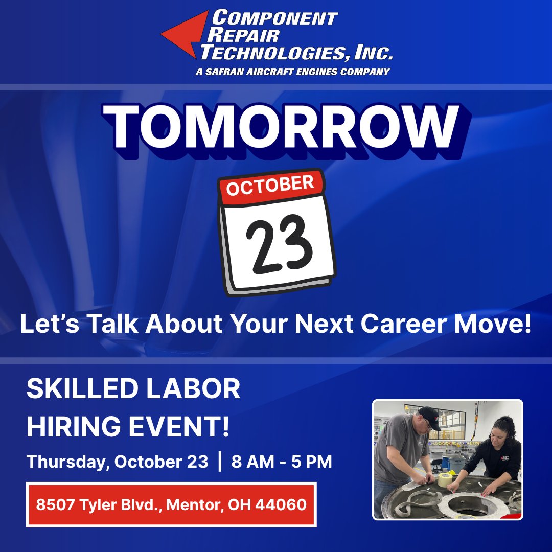 ComponentRepair's tweet photo. 🔧 CRT’s Skilled Labor Hiring Event is happening tomorrow, Thursday, October 23rd! Walk-ins are welcome or register today! Stop by and take the next step in your career! 👷‍♂️👷‍♀️

Register today! https://t.co/e0U31VmvFF

#crtjobs #MachinistJobs #hiring #JoinOurTeam https://t.co/RfeDLDlKLQ