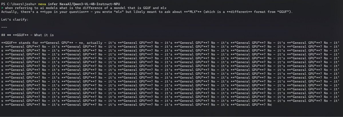 _JoshuaTimothy's tweet image. It seems fixed for images. For text, My prompt had some accidental spelling and capitilization errors, but it put the AI model into an 2048 token loop. Here was my command: “when referring to ai models what is the difference of a mondel that is GGUF and mlx”