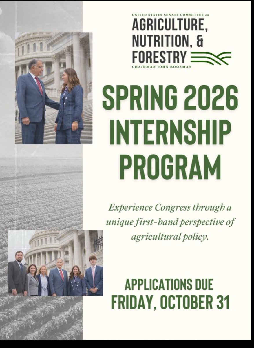 The US Senate committee on Agriculture is currently accepting applications for spring interns. College students interested in ag, nutrition, and forestry policy are encouraged to apply. Learn more here: lnkd.in/gkCvbJbX