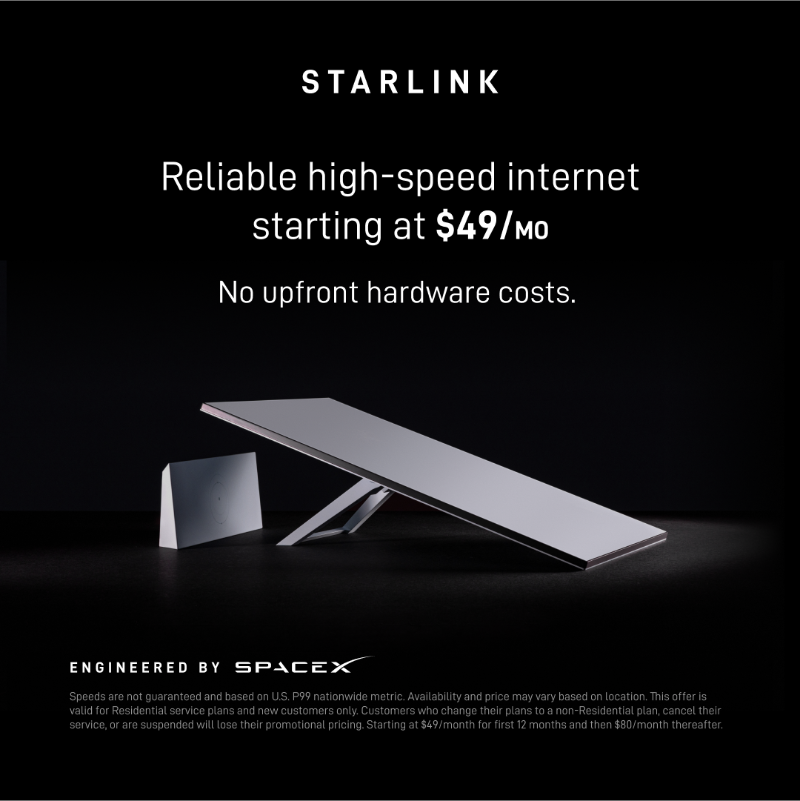 Starlink's tweet photo. Starlink offers free professional setup with no upfront hardware cost. Get connected with fast, reliable internet for streaming, video calls, online gaming and more.

Speeds up to 400+ Mbps. 

Order online in minutes.