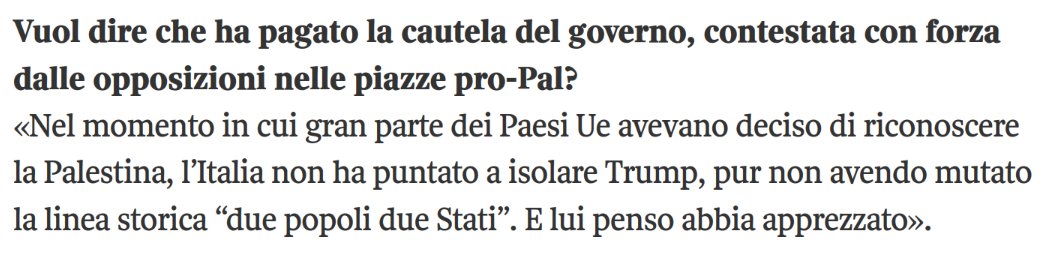 Minniti loda il fatto che l’Italia, non riconoscendo la Palestina, si sia ingraziata Trump, cosa che potrebbe far fare un po’ più di grano alle nostre aziende nella ricostruzione a Gaza. La politica estera subordinata al procacciare commesse.
roma.corriere.it/notizie/politi…