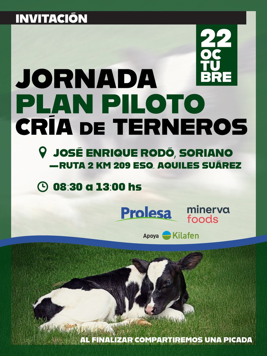 Los invitamos a participar de la Jornada del Plan Piloto de cría de terneros el próximo miércoles 22 de octubre en El Club Fraternidad en la localidad de José enrique Rodó, Soriano, desde las 8:30hrs. Inscribite en bit.ly/inscripciones-…
¡Los esperamos!