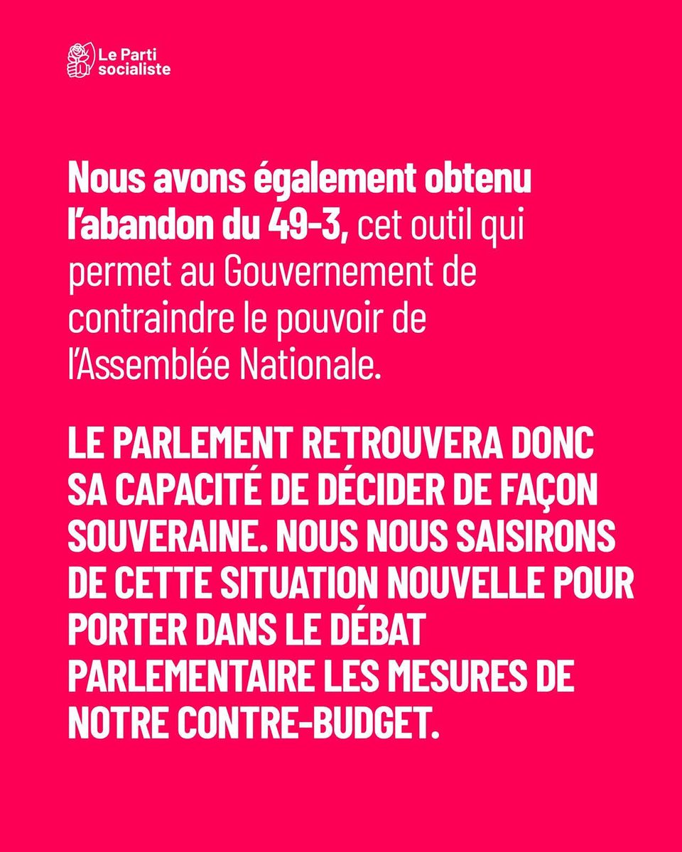 PS_France_ES's tweet photo. Nous n'avons renoncé à aucun de nos combats ! Nous retons opposés aux politiques macronistes que nous combattrons pied à pied dans le débat budgétaire qui s'ouvre. La censure reste possible à tout moment. https://t.co/RYcVYarGdC