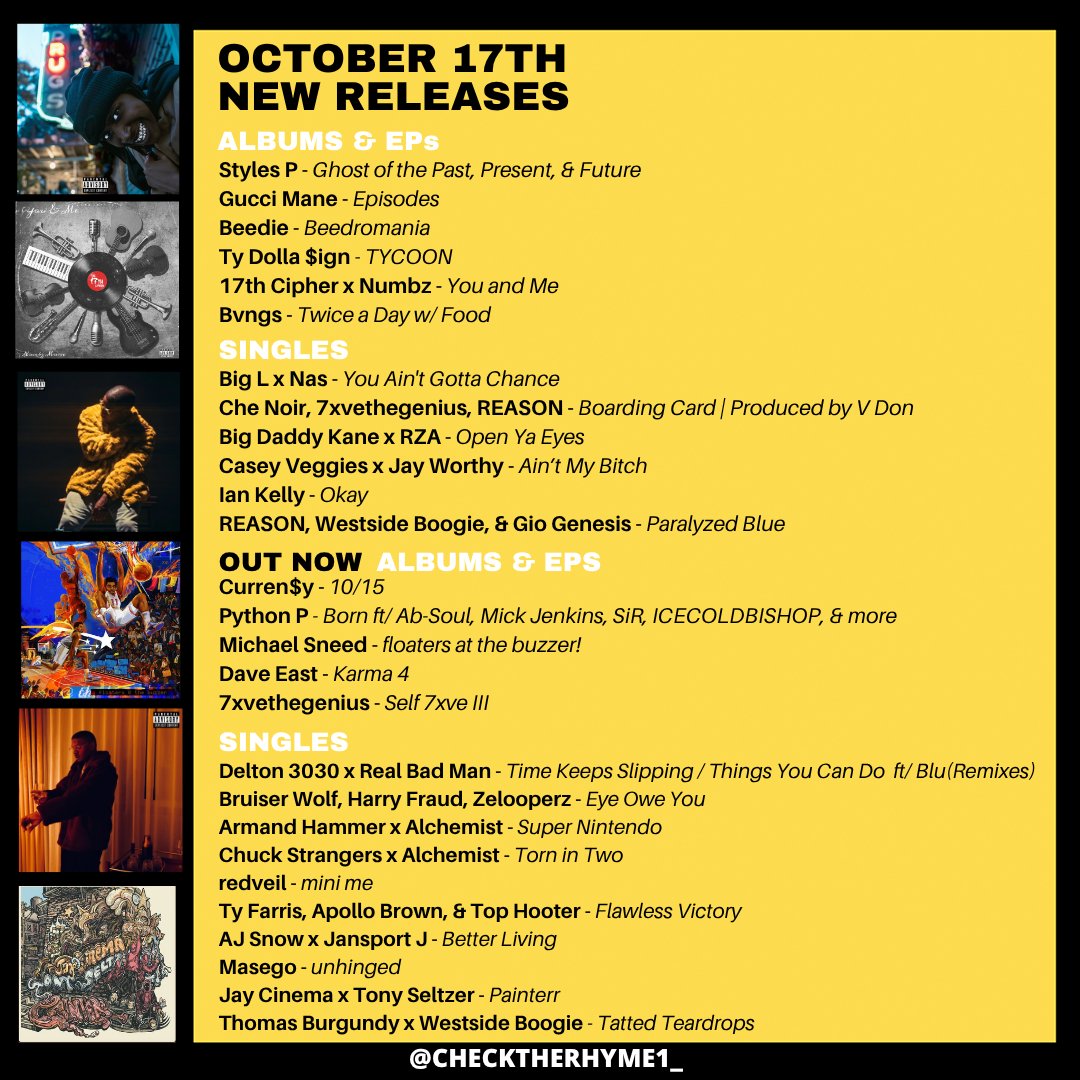 💎 This week's new drops 
 
Big L x Nas
Styles P
Currensy
Deltron 3030, Real Bad Man, Blu
Gucci Mane
Beedie
Big Daddy Kane x RZA
Armand Hammer x Alchemist
Masego
redveil
Python P
Michael Sneed
Ian Kelly
17th Cipher x Numbz
Dave East
7xvethegenius
Jay Cinema x Tony Seltzer
+more
