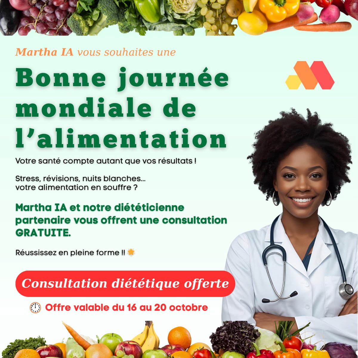 La santé compte autant que vos résultats. En cette journée mondiale de l’alimentation, l’équipe se #marthaia s’est alliée à une nutritionniste professionnelle pour vous permettre de bénéficier d’une consultation gratuite… 
laissez un message en DM pour en savoir plus