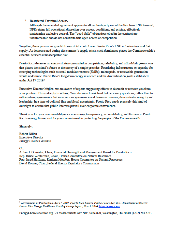 EnergyChoicesUS's tweet photo. Due to conflicts of interest and restricted third-party access, a new letter from @EnergyChoicesUS urges @FOMBPR to carefully review @New_fortress’s gas agreement with @AEEONLINE. Any contract requires robust oversight &amp; transparency. @ZardeEnergia @GuillamaManuel. https://t.co/KiWvfJVTYk