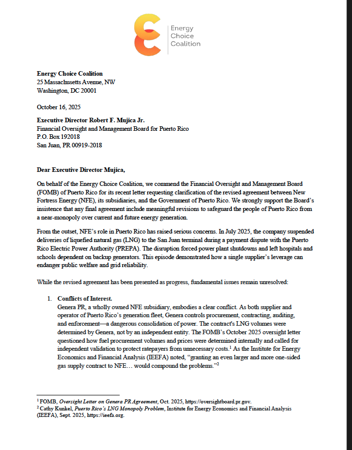 EnergyChoicesUS's tweet photo. Due to conflicts of interest and restricted third-party access, a new letter from @EnergyChoicesUS urges @FOMBPR to carefully review @New_fortress’s gas agreement with @AEEONLINE. Any contract requires robust oversight &amp; transparency. @ZardeEnergia @GuillamaManuel. https://t.co/KiWvfJVTYk