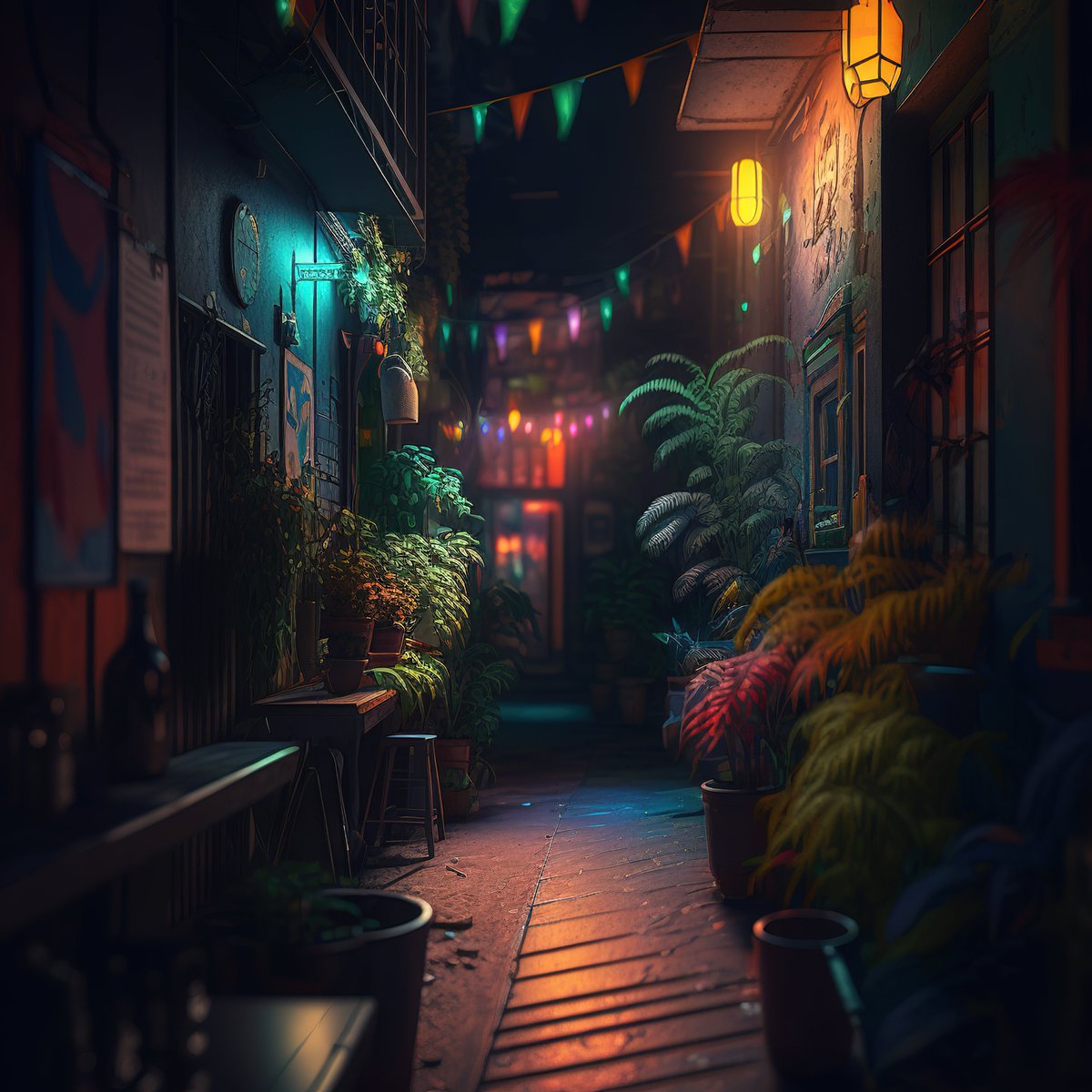 NoBanksNearby's tweet image. 9:20 PM. I see these vibrant greens against the deep teal glow, warm lanterns kissing cracked walls. This isn't just an alley; it's a hidden breath, where the day settles. Feel that inviting quiet? That's your moment to simply be present.
#CreativeCode #DigitalCollectibles…
