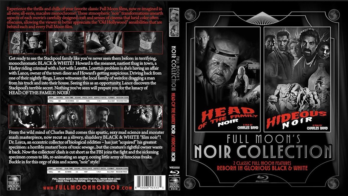 PhysMediaHQ's tweet image. Pre-Order Alert! 🇨🇦 Full Moon's Noir Collection: Head Of The Family / Hideous! (Blu-ray) — Full Moon Features’ cult horror-comedies from 1996-1997 in one collection! Releases Jan 20, 2026.

Pre-order: buff.ly/h5tvBVz

#FullMoonFeatures #BluRay #CultHorror #MovieCollectors